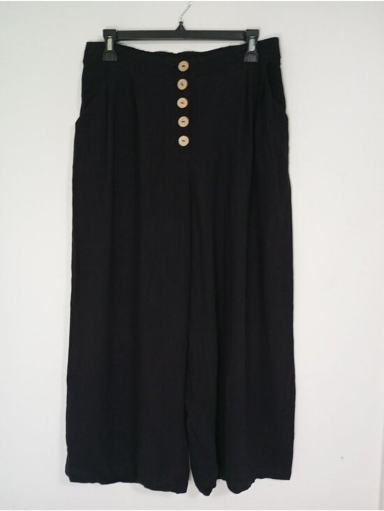 Elodie Pants - Elodie Wide-Leg Black Linen Blend Pants Button Detailing Pockets Womens Medium